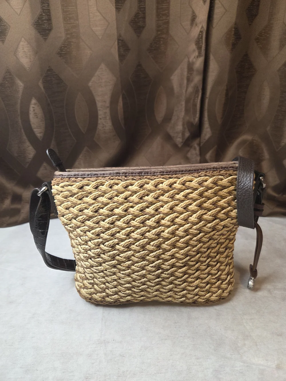 Brighton Woven Straw Crossbody with Brown Trim and Chocolate Strap-See Pictures